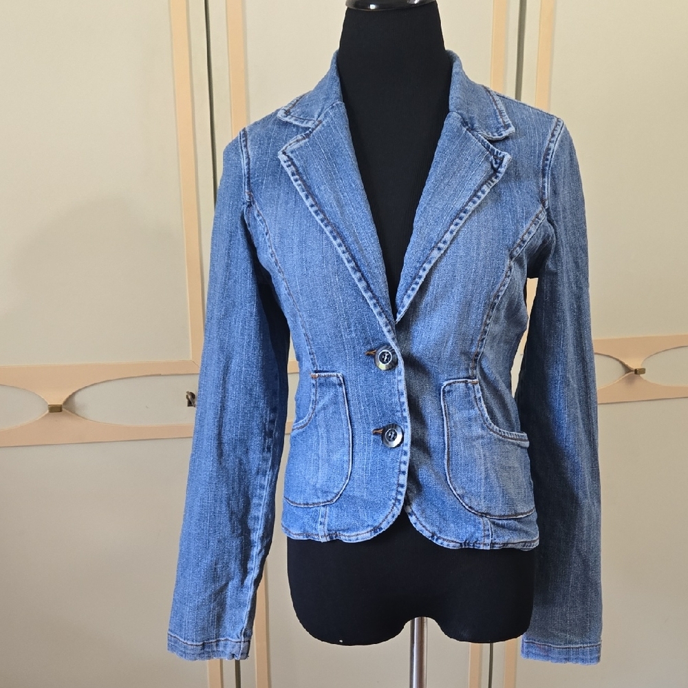Y2K Vintage Denim Jacket by Blue Asphalt~Blazer Cut, Retro, Soft Blue, Fitted, M